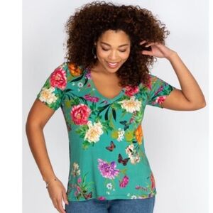 Johnny Was Teal Floral Short Sleeve Top